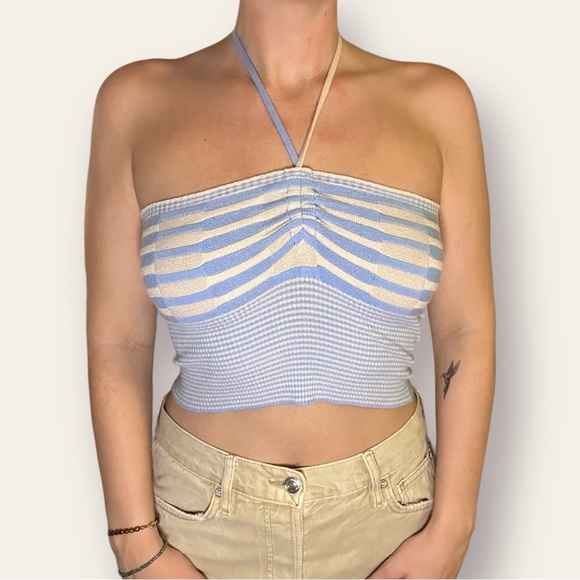 Tops - BLUE STRIPE HALTER CROP TOP